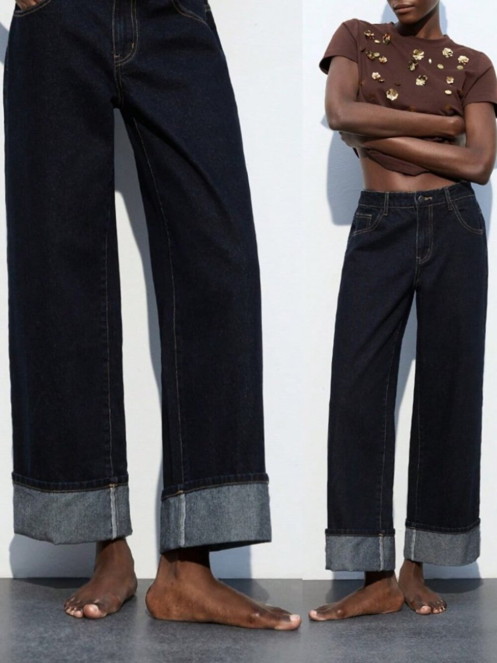 Dark Indigo Denim Jeans with Rolled Cuff Hem